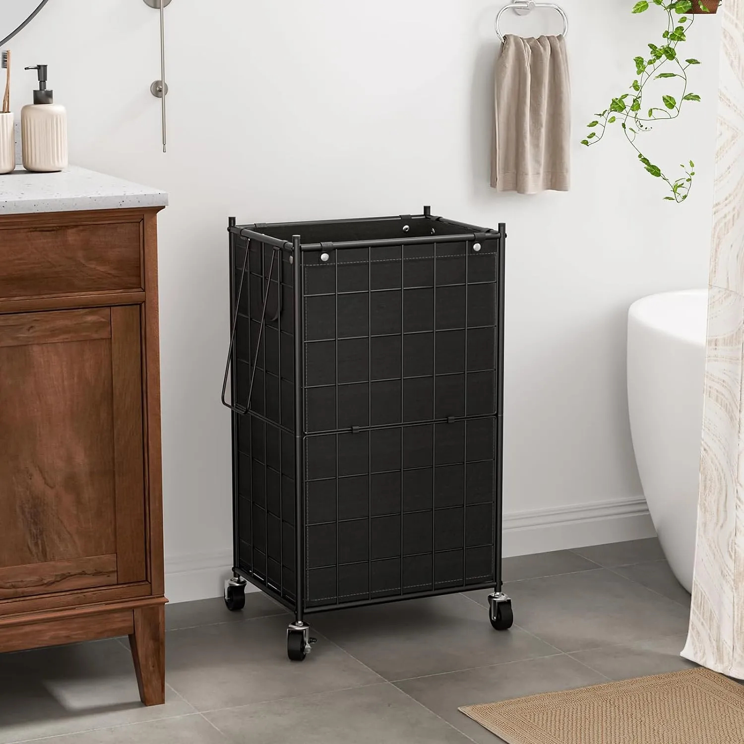 WOWLIVE Laundry Hamper with Wheels,Metal Wire Frame Rolling Laundry Basket with Removable bag,100L Dirty Clothes Hamper Organizer Dorm Room Storage for Bedroom,Bathroom,Black