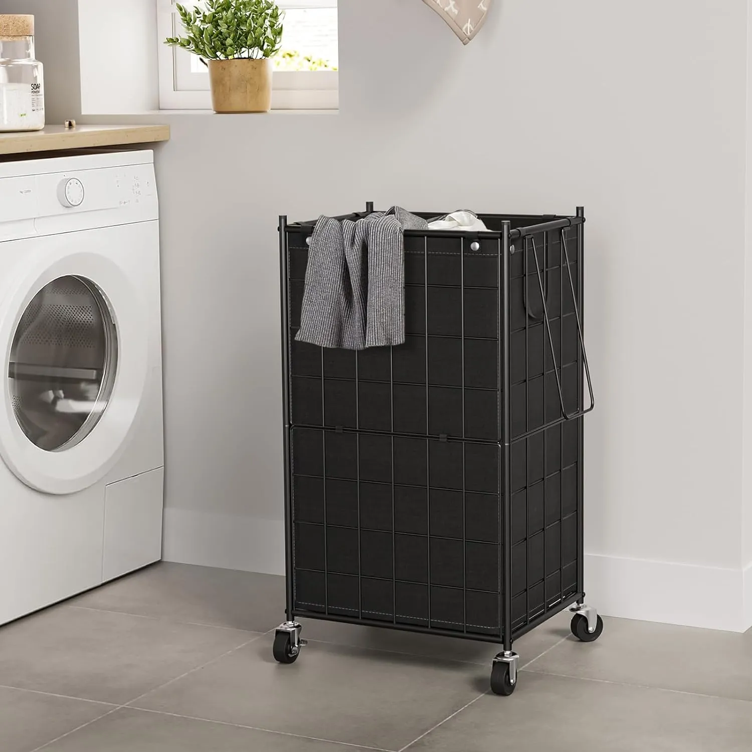 WOWLIVE Laundry Hamper with Wheels,Metal Wire Frame Rolling Laundry Basket with Removable bag,100L Dirty Clothes Hamper Organizer Dorm Room Storage for Bedroom,Bathroom,Black