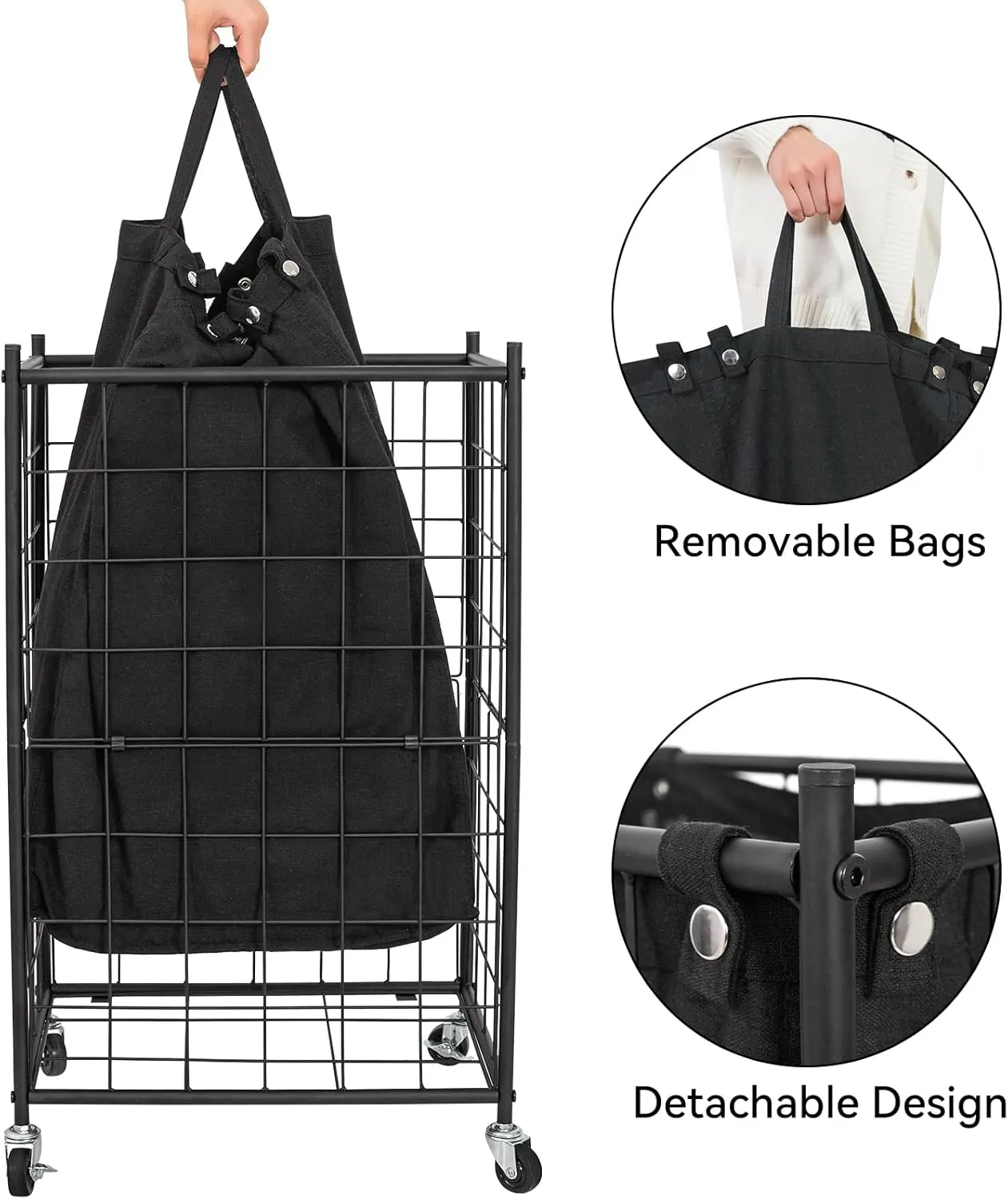 WOWLIVE Laundry Hamper with Wheels,Metal Wire Frame Rolling Laundry Basket with Removable bag,100L Dirty Clothes Hamper Organizer Dorm Room Storage for Bedroom,Bathroom,Black