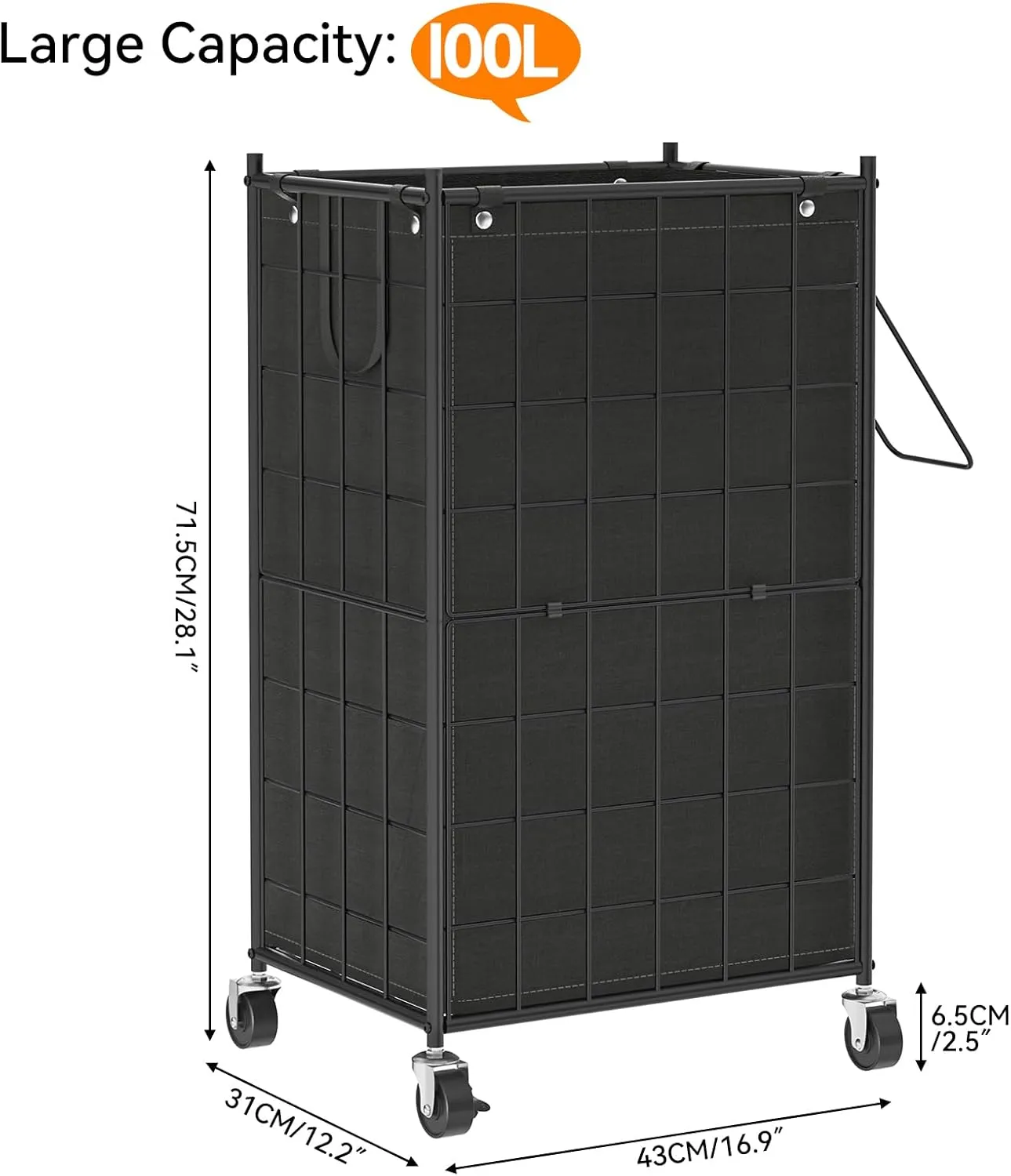WOWLIVE Laundry Hamper with Wheels,Metal Wire Frame Rolling Laundry Basket with Removable bag,100L Dirty Clothes Hamper Organizer Dorm Room Storage for Bedroom,Bathroom,Black