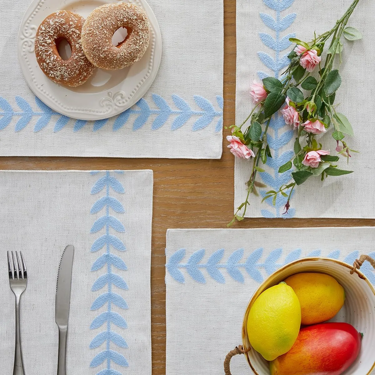 Wracra Embroidered Placemats, 13 x 18 Inch Set of 6 Placemats, Irregular Willow Rustic Place Mats for Kitchen Table and Heat Resistant, Blue 6PCS