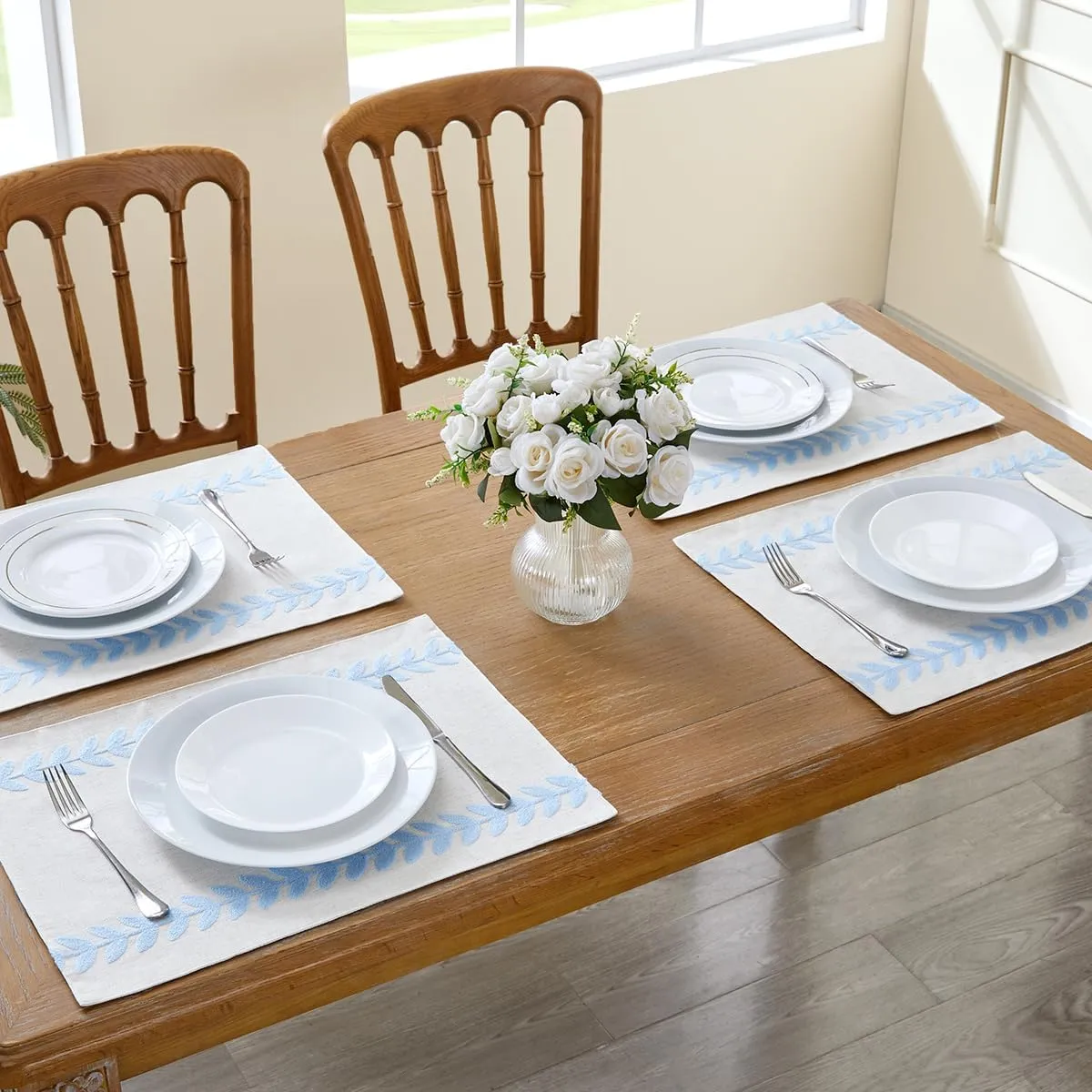 Wracra Embroidered Placemats, 13 x 18 Inch Set of 6 Placemats, Irregular Willow Rustic Place Mats for Kitchen Table and Heat Resistant, Blue 6PCS