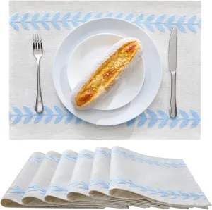 Wracra Embroidered Placemats, 13 x 18 Inch Set of 6 Placemats, Irregular Willow Rustic Place Mats for Kitchen Table and Heat Resistant, Blue 6PCS