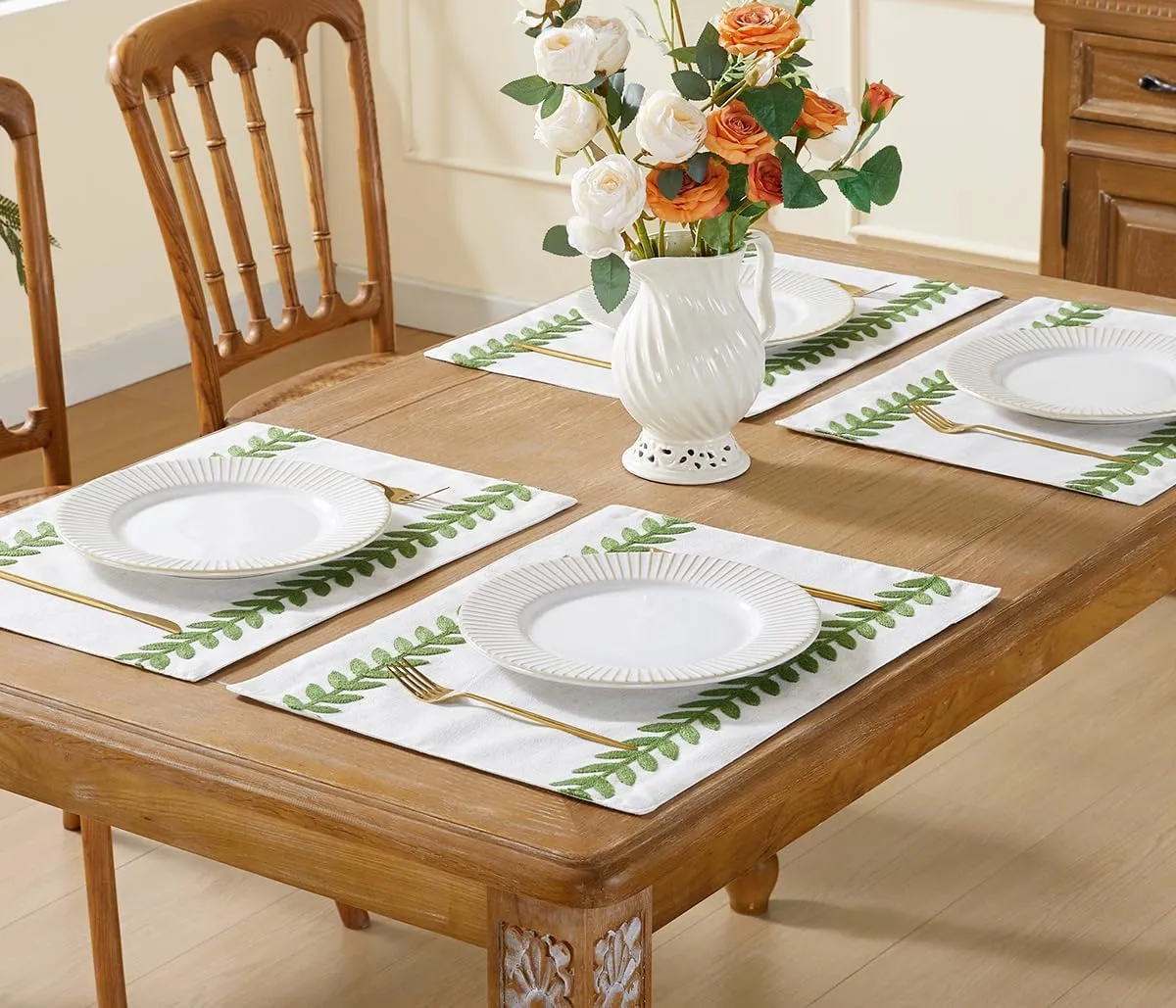 Wracra Embroidered Placemats, 13 x 18 Inch Set of 6 Placemats, Irregular Willow Rustic Place Mats for Kitchen Table and Heat Resistant, Green 6PCS