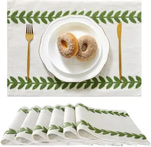 Wracra Embroidered Placemats, 13 x 18 Inch Set of 6 Placemats, Irregular Willow Rustic Place Mats for Kitchen Table and Heat Resistant, Green 6PCS
