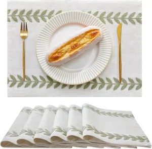 Wracra Embroidered Placemats, 13 x 18 Inch Set of 6 Placemats, Irregular Willow Rustic Place Mats for Kitchen Table and Heat Resistant, Light Sage Green 6PCS