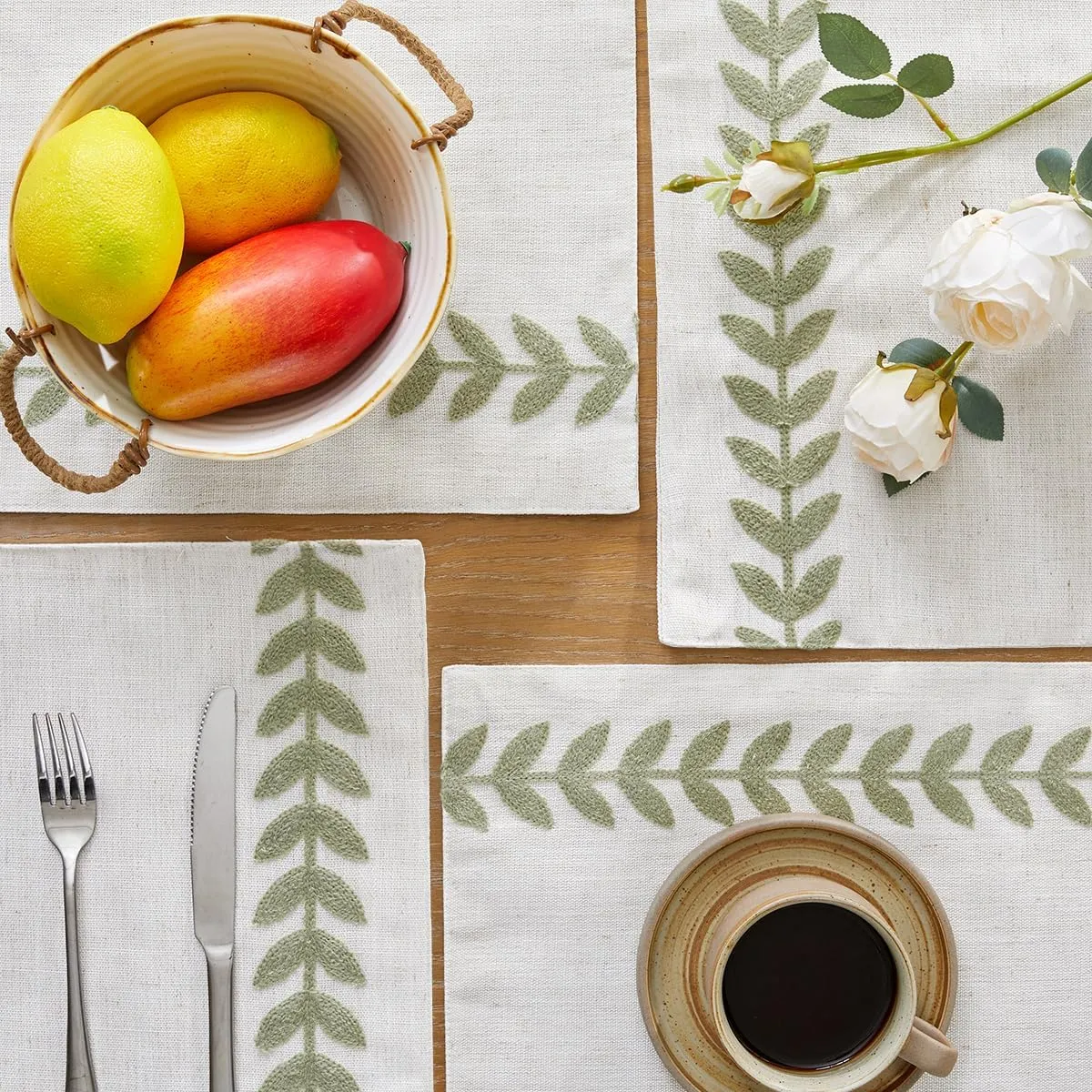 Wracra Embroidered Placemats, 13 x 18 Inch Set of 6 Placemats, Irregular Willow Rustic Place Mats for Kitchen Table and Heat Resistant, Light Sage Green 6PCS