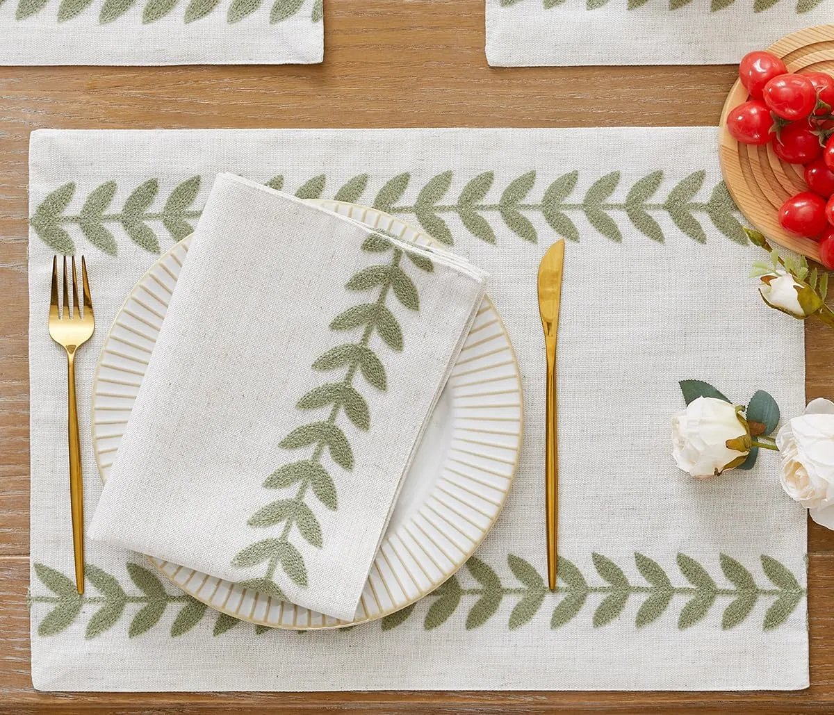 Wracra Embroidered Placemats, 13 x 18 Inch Set of 6 Placemats, Irregular Willow Rustic Place Mats for Kitchen Table and Heat Resistant, Light Sage Green 6PCS