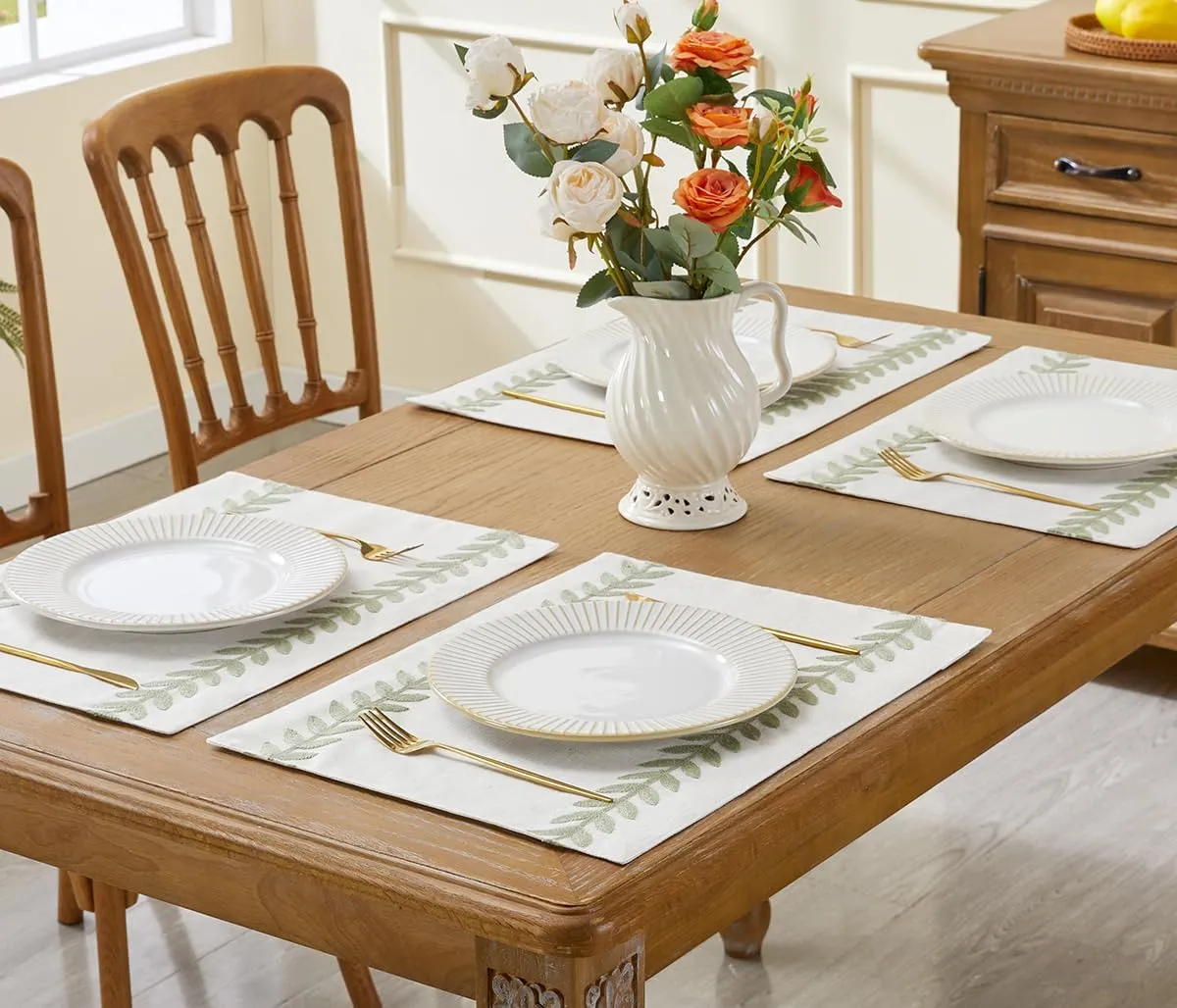 Wracra Embroidered Placemats, 13 x 18 Inch Set of 6 Placemats, Irregular Willow Rustic Place Mats for Kitchen Table and Heat Resistant, Light Sage Green 6PCS