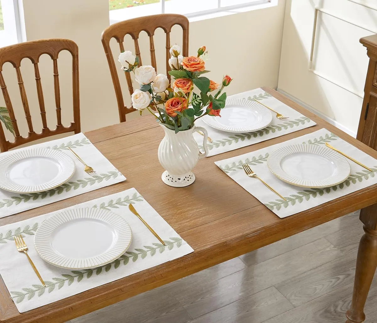 Wracra Embroidered Placemats, 13 x 18 Inch Set of 6 Placemats, Irregular Willow Rustic Place Mats for Kitchen Table and Heat Resistant, Light Sage Green 6PCS