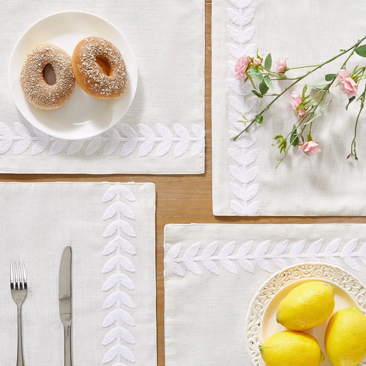 Wracra Embroidered Placemats, 13 x 18 Inch Set of 6 Placemats, Irregular Willow Rustic Place Mats for Kitchen Table and Heat Resistant, White 6PCS
