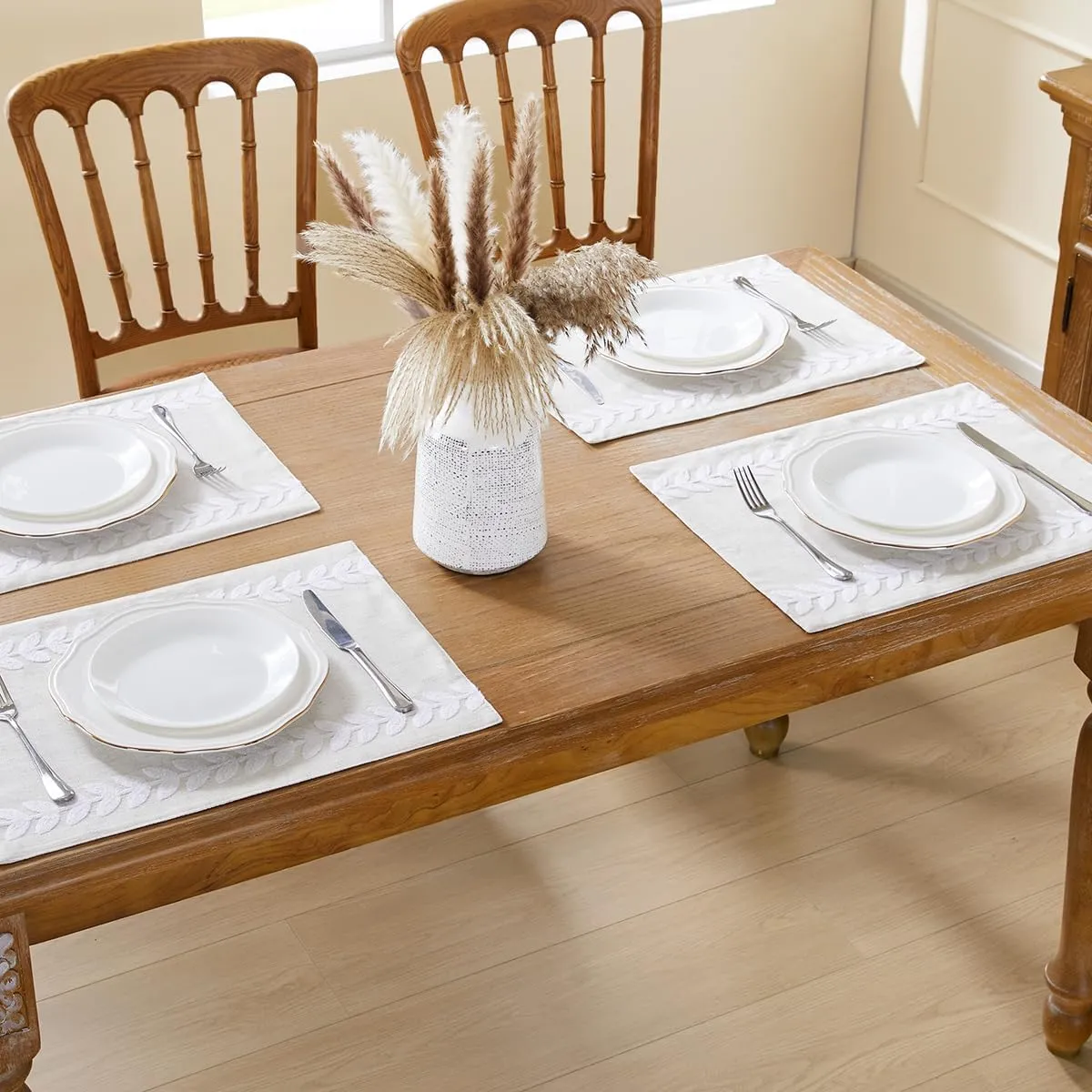 Wracra Embroidered Placemats, 13 x 18 Inch Set of 6 Placemats, Irregular Willow Rustic Place Mats for Kitchen Table and Heat Resistant, White 6PCS