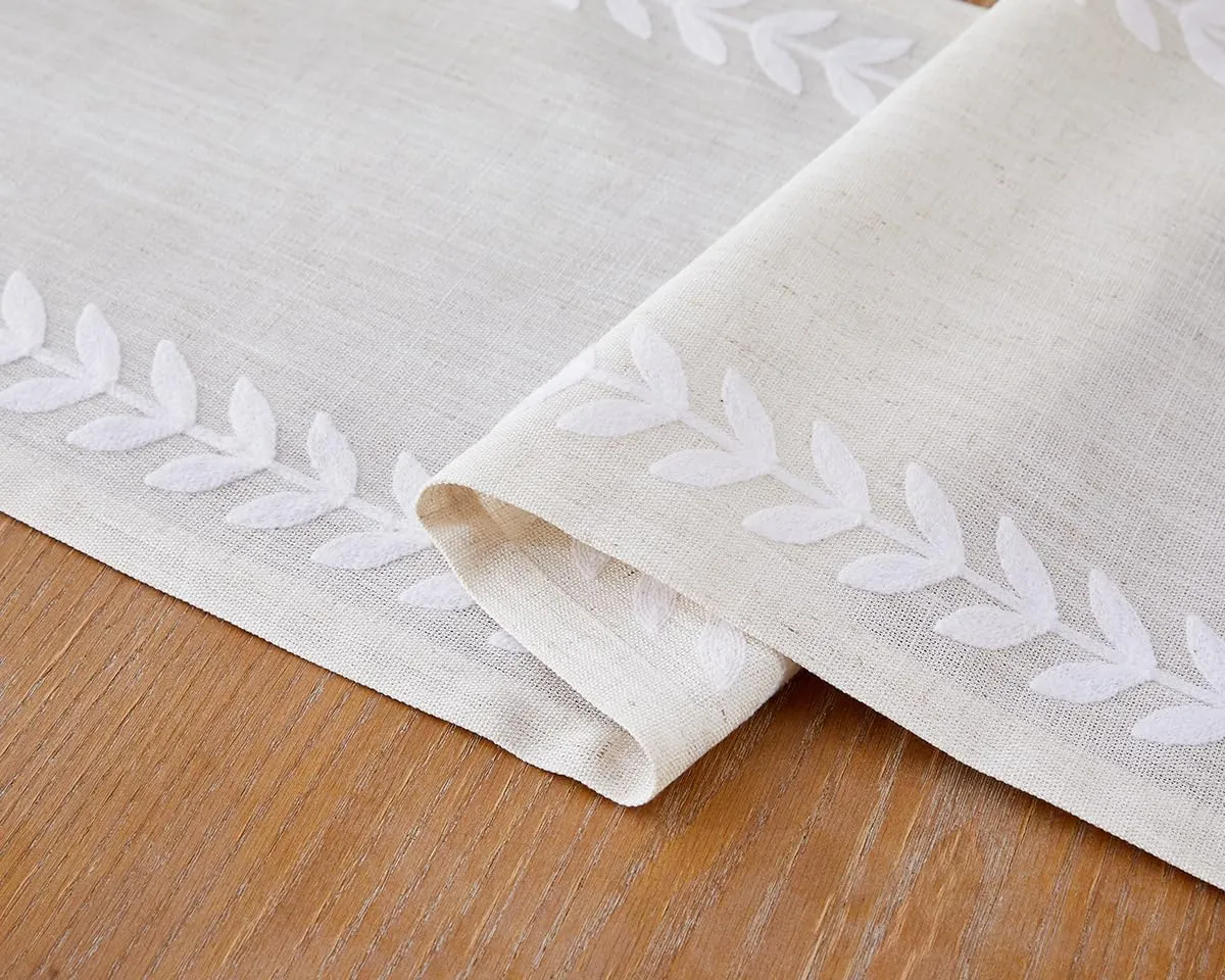 Wracra Embroidered Table Runner Irregular Willow Leaf Table Runners 108 Inches Long for Dresser Home Dining Table Decor,14 x 108 Inch, White