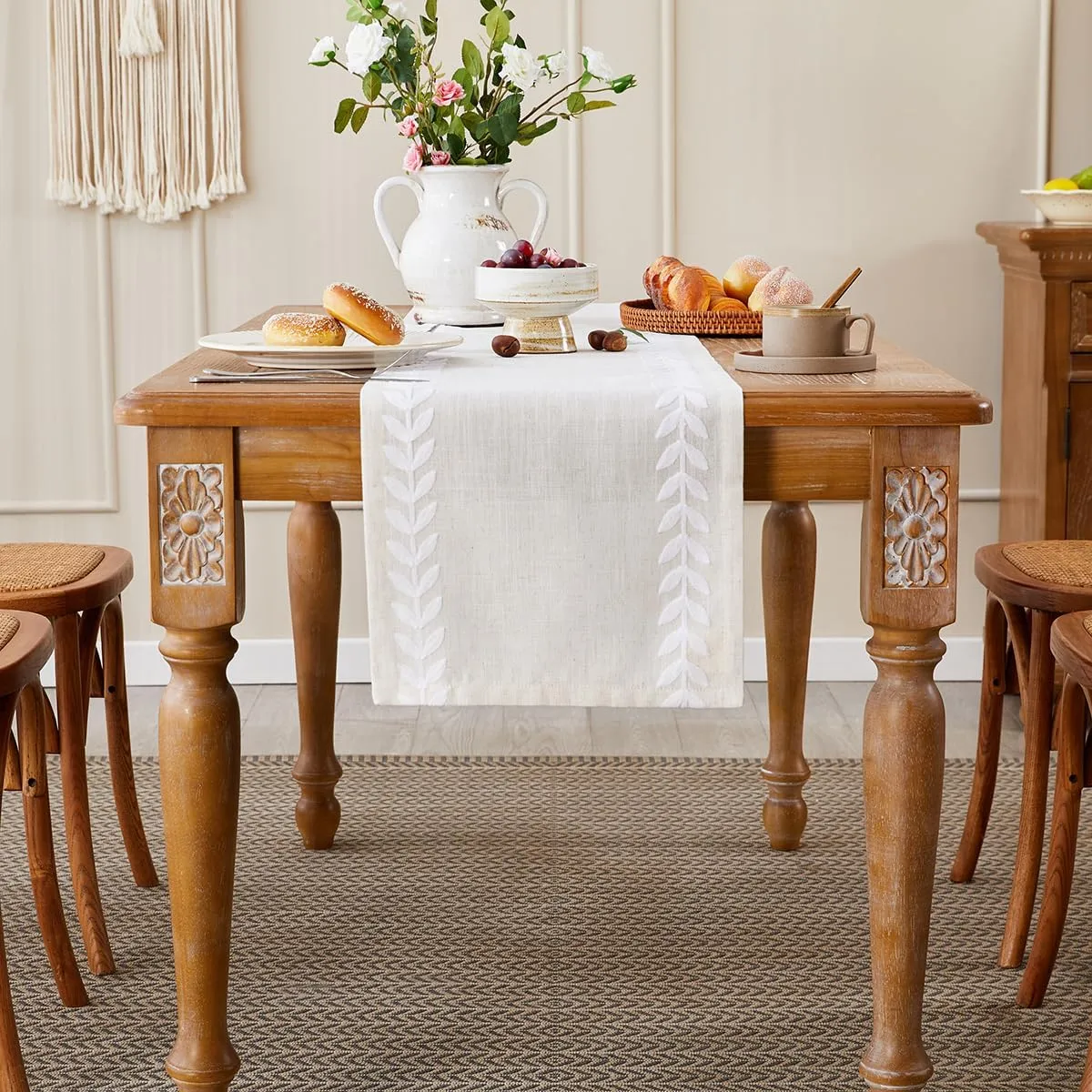 Wracra Embroidered Table Runner Irregular Willow Leaf Table Runners 108 Inches Long for Dresser Home Dining Table Decor,14 x 108 Inch, White
