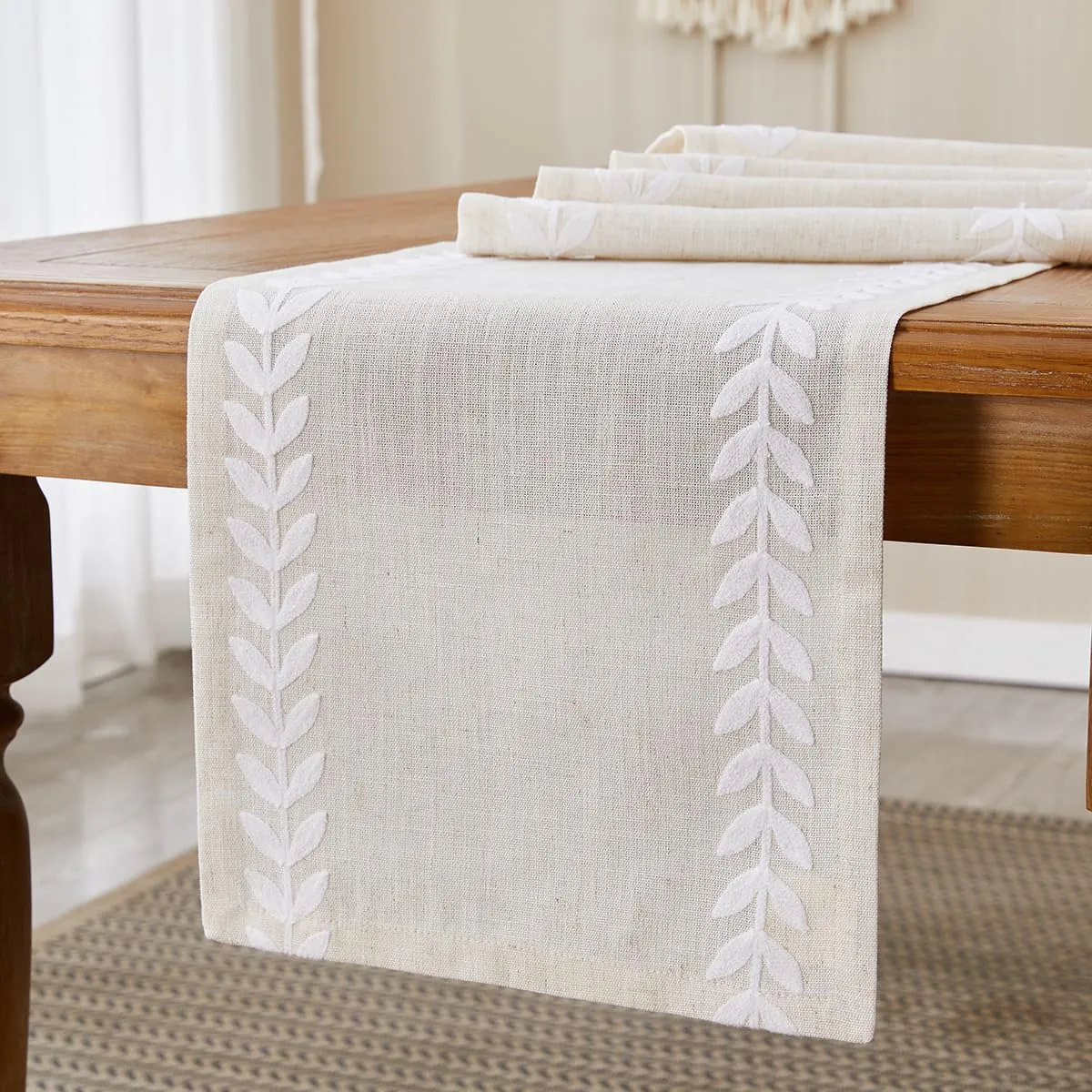 Wracra Embroidered Table Runner Irregular Willow Leaf Table Runners 108 Inches Long for Dresser Home Dining Table Decor,14 x 108 Inch, White