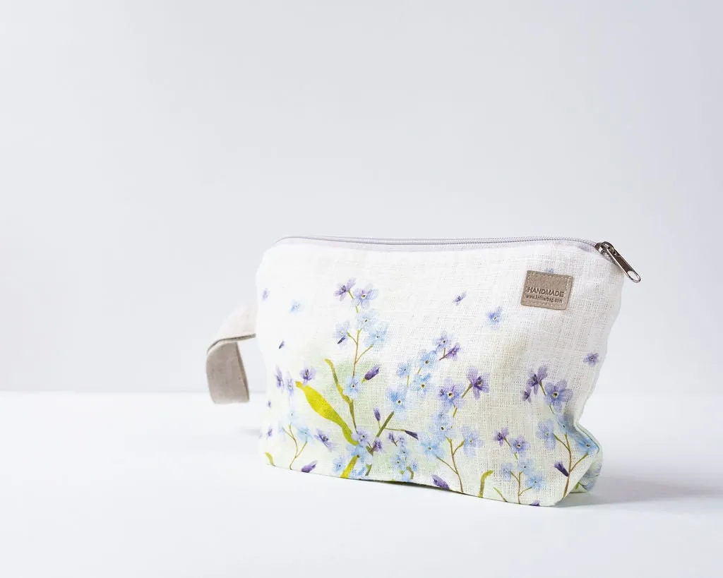 Wristlet pouch Not Forgotten Flowers print printed on Natural Linen fabric Natural linen.