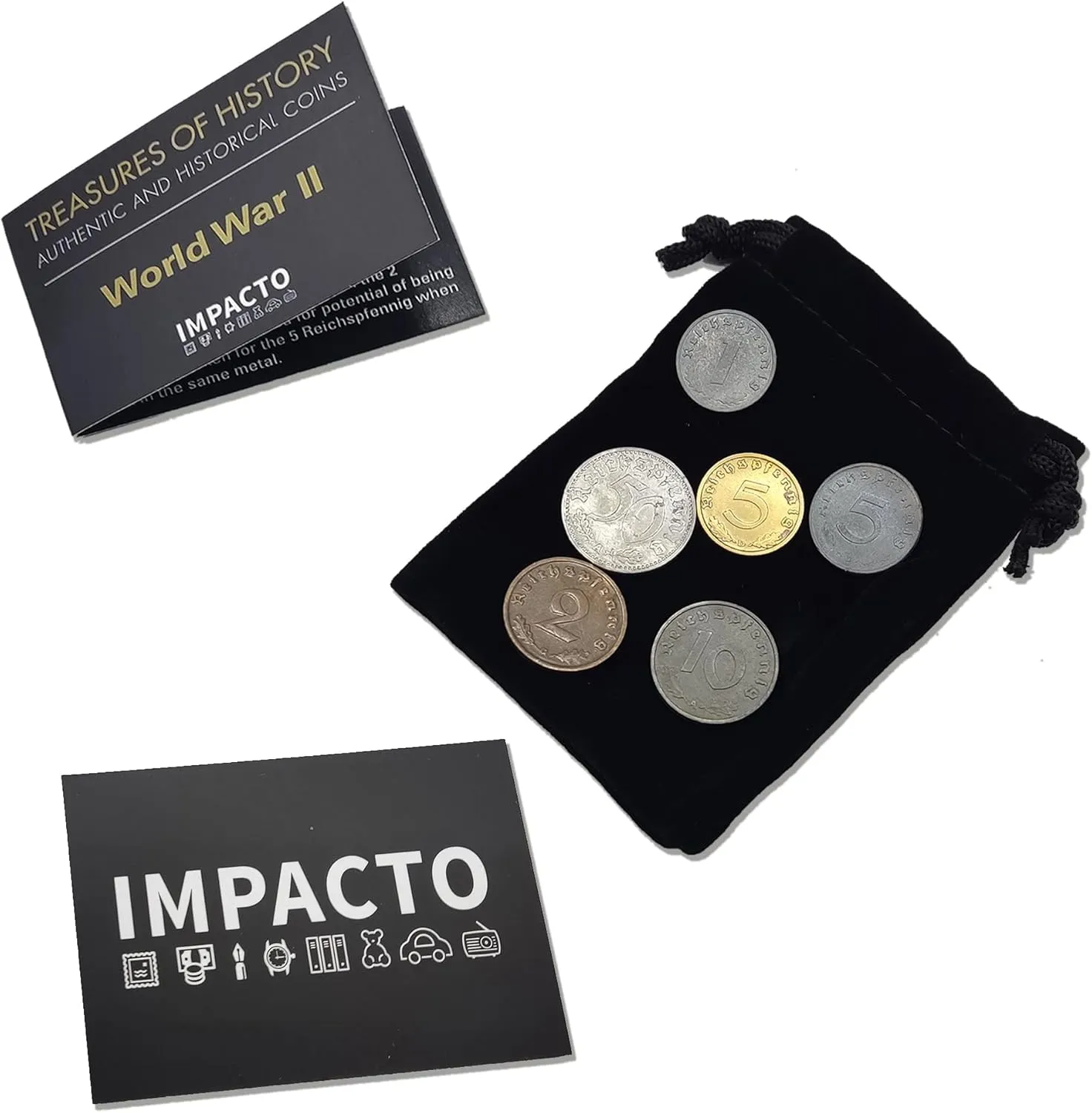 WW2 World Currency - 6 Nazi Coins Issued from 1936/45 - Third Reich WW2 Memorabilia - Axis Velvet Bag Collection