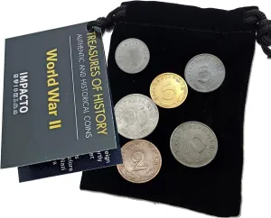 WW2 World Currency - 6 Nazi Coins Issued from 1936/45 - Third Reich WW2 Memorabilia - Axis Velvet Bag Collection