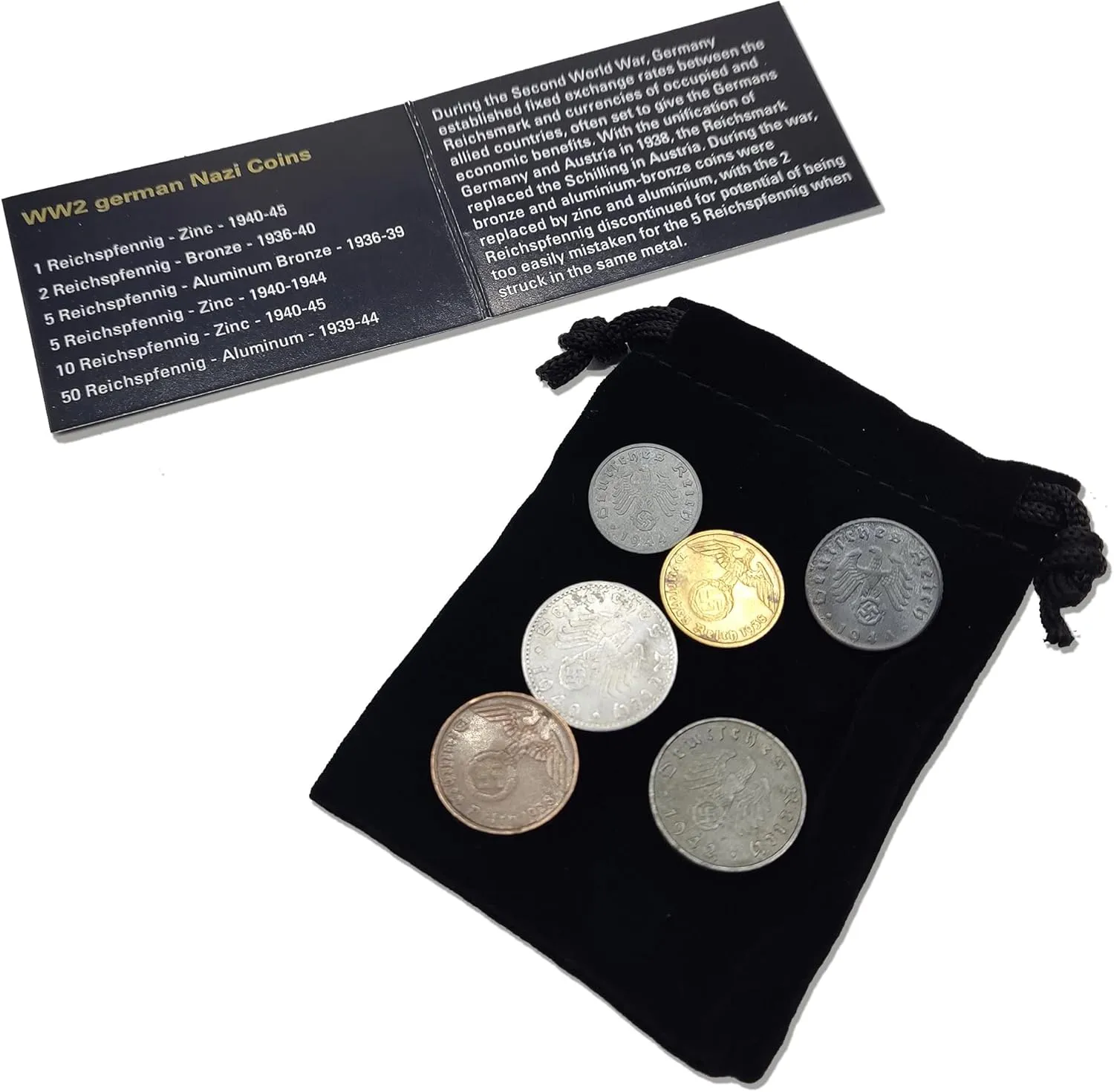 WW2 World Currency - 6 Nazi Coins Issued from 1936/45 - Third Reich WW2 Memorabilia - Axis Velvet Bag Collection