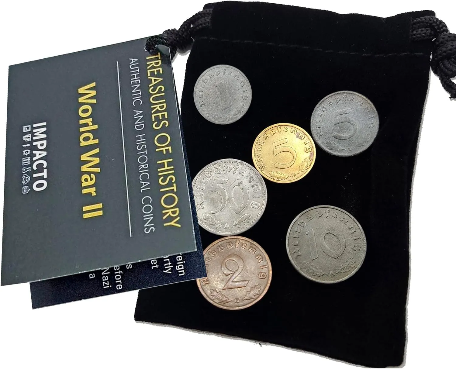 WW2 World Currency - 6 Nazi Coins Issued from 1936/45 - Third Reich WW2 Memorabilia - Axis Velvet Bag Collection