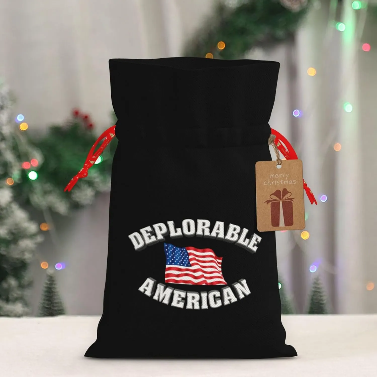 WZARILNEX Deplorable and Proud American Flag Drawstring Gift Bag Santa Gift Bag Christmas Gift