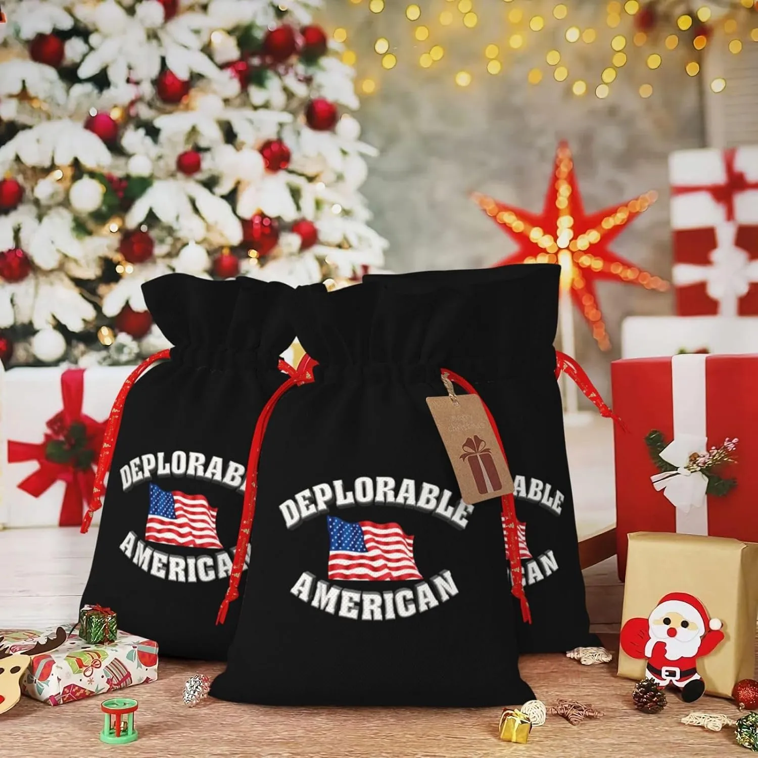 WZARILNEX Deplorable and Proud American Flag Drawstring Gift Bag Santa Gift Bag Christmas Gift
