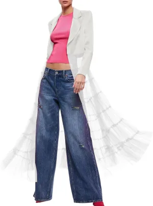 Xaspee Women's Satin Tulle Patchwork Blazer Cardigan Jacket Long Sleeve Concert Party Lightweight Fashion Outfits