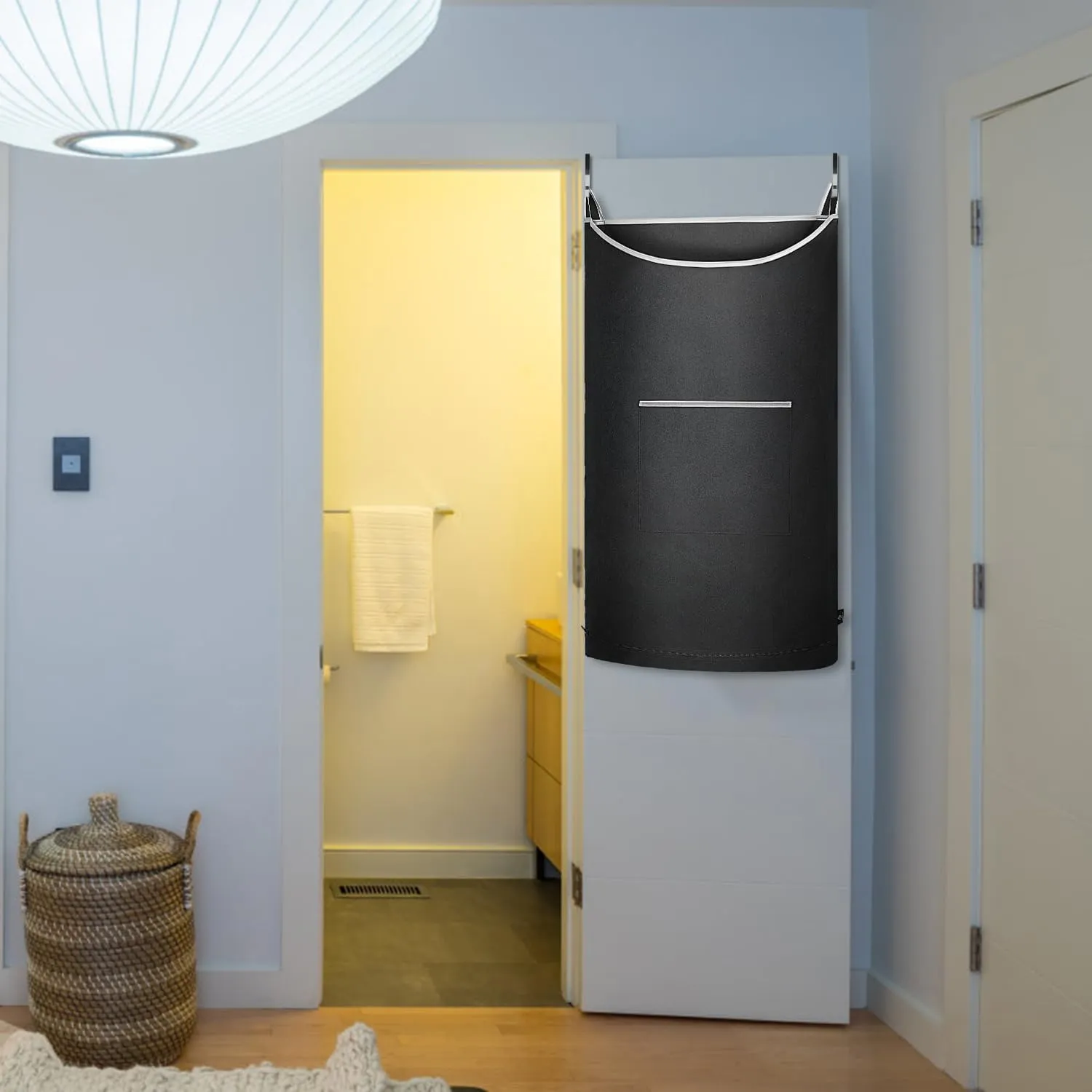XL Hanging Laundry Hamper Bag, Black Door Hanging Hamper with Large Openging, Hanging Laundry Bag and Basket for Home, Dorm, or Travel,Durable and Stylish Design(Black 36x22Inch)