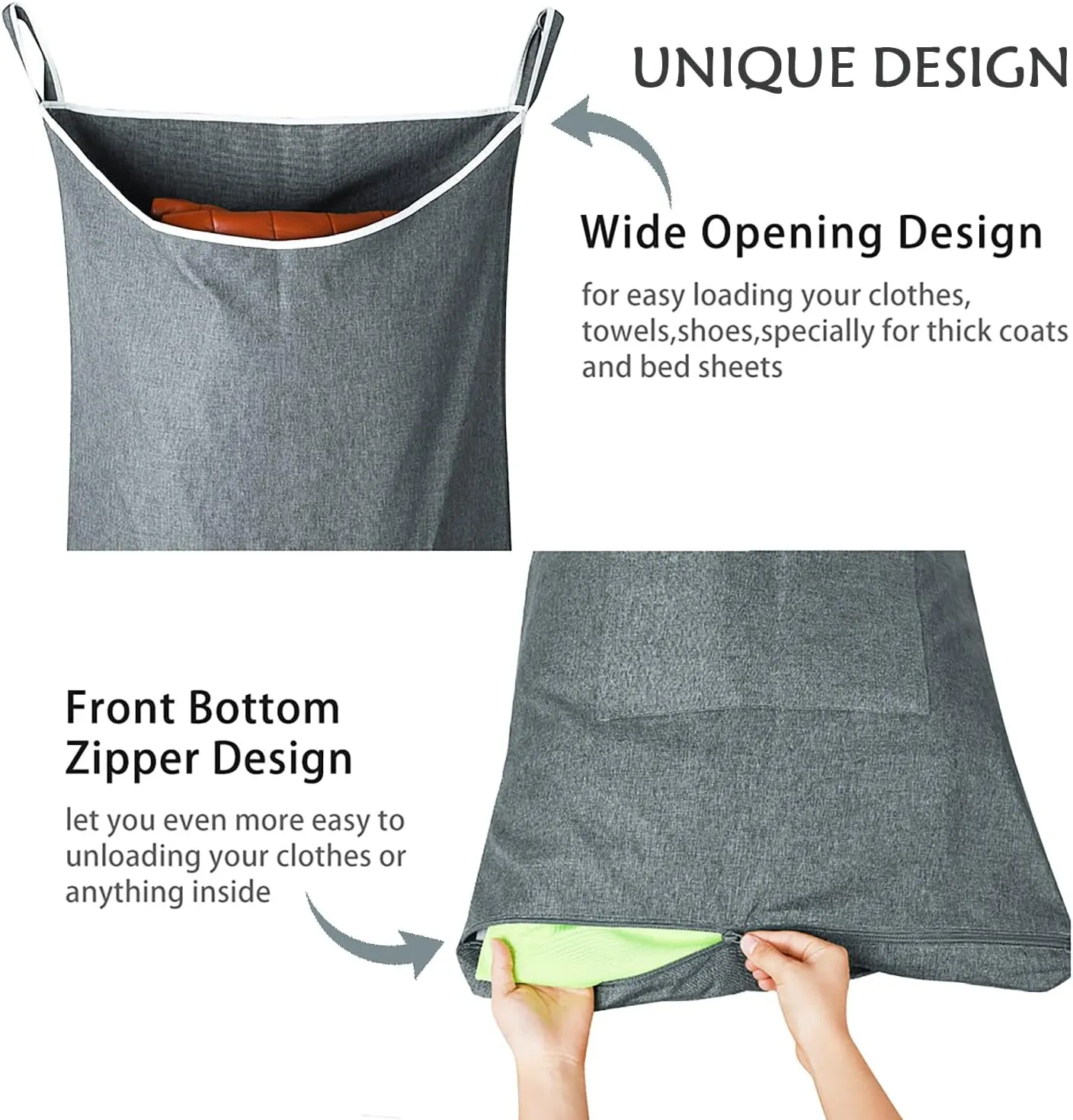 XL Hanging Laundry Hamper Bag, Door Hanging Hamper with Large Openging Hanging Laundry Hamper Storage Bag，Hanging Laundry Basket for Home, Dorm, or Travel(Heather Grey, 36x22 Inch)