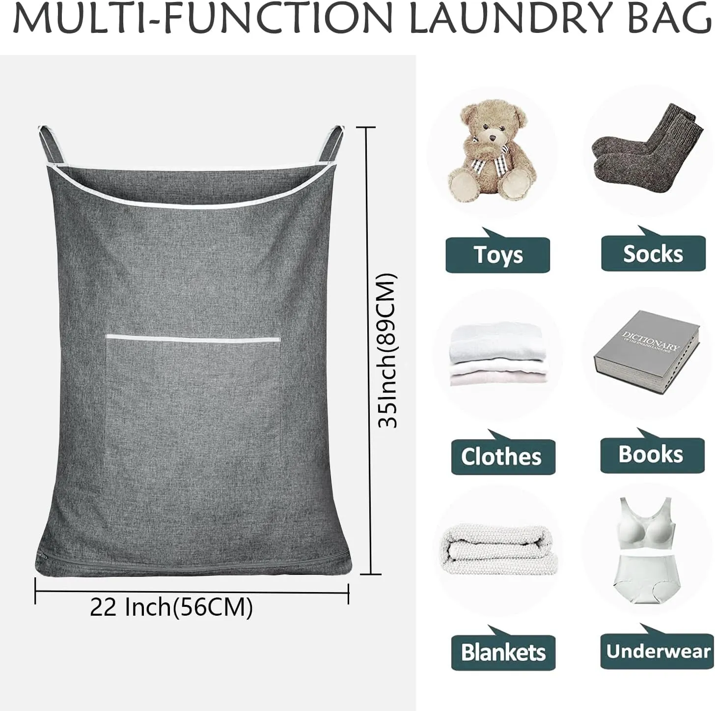 XL Hanging Laundry Hamper Bag, Door Hanging Hamper with Large Openging Hanging Laundry Hamper Storage Bag，Hanging Laundry Basket for Home, Dorm, or Travel(Heather Grey, 36x22 Inch)