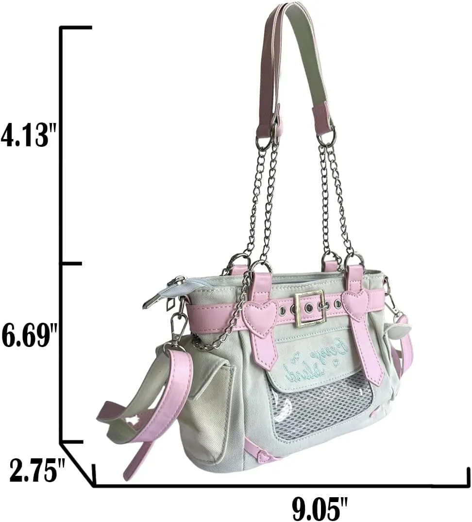 Y2K Harajuku Kawaii Goth Casual Style Denim Cute Heart and Pink Belt Decor Adjustable Cross-body Shoulder Bag