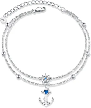 YFN Anchor Bracelets 925 Sterling Silver Anchor and Ship Wheel Layered Bracelet Nautical Sailor Jewelry Gifts for Women