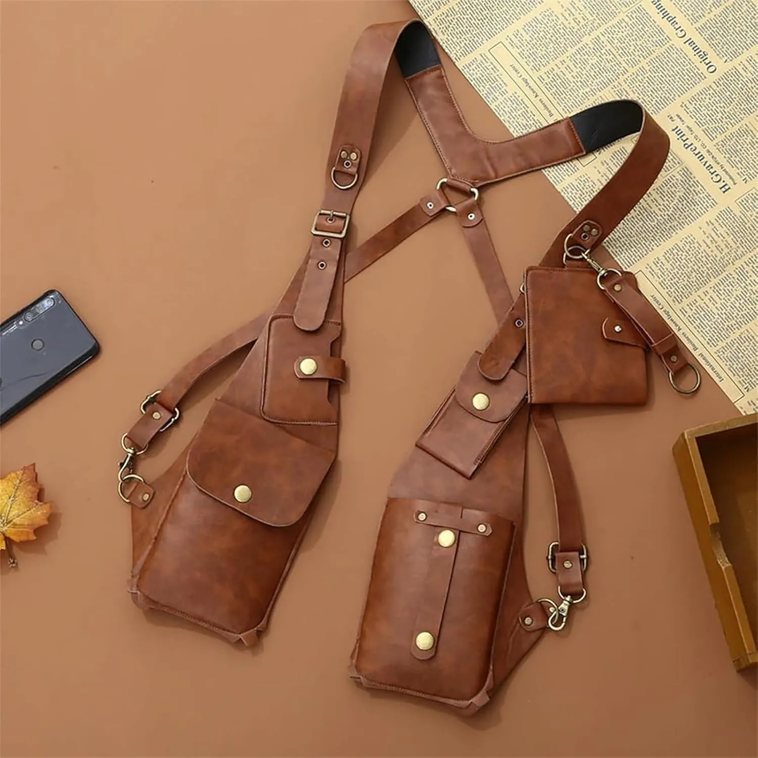 Yiupedrfg Anti-Theft Bag With Shoulder Harness, Retro Anti-Theft Harness Bag, Adjustable PU Leather Strap Wallet