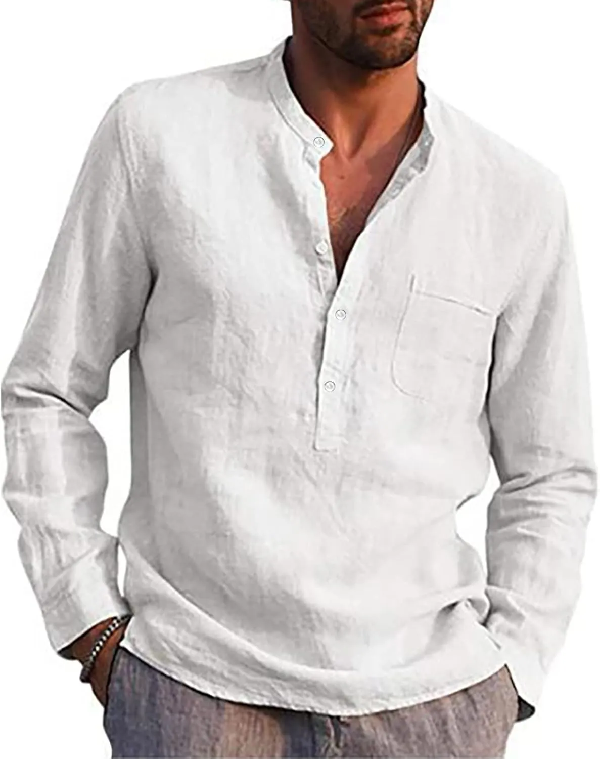 Ymosrh Long Sleeve Shirts Men's Casual Cotton Linen Solid Color Shirts Loose Stand Collar Shirts Dress for Men