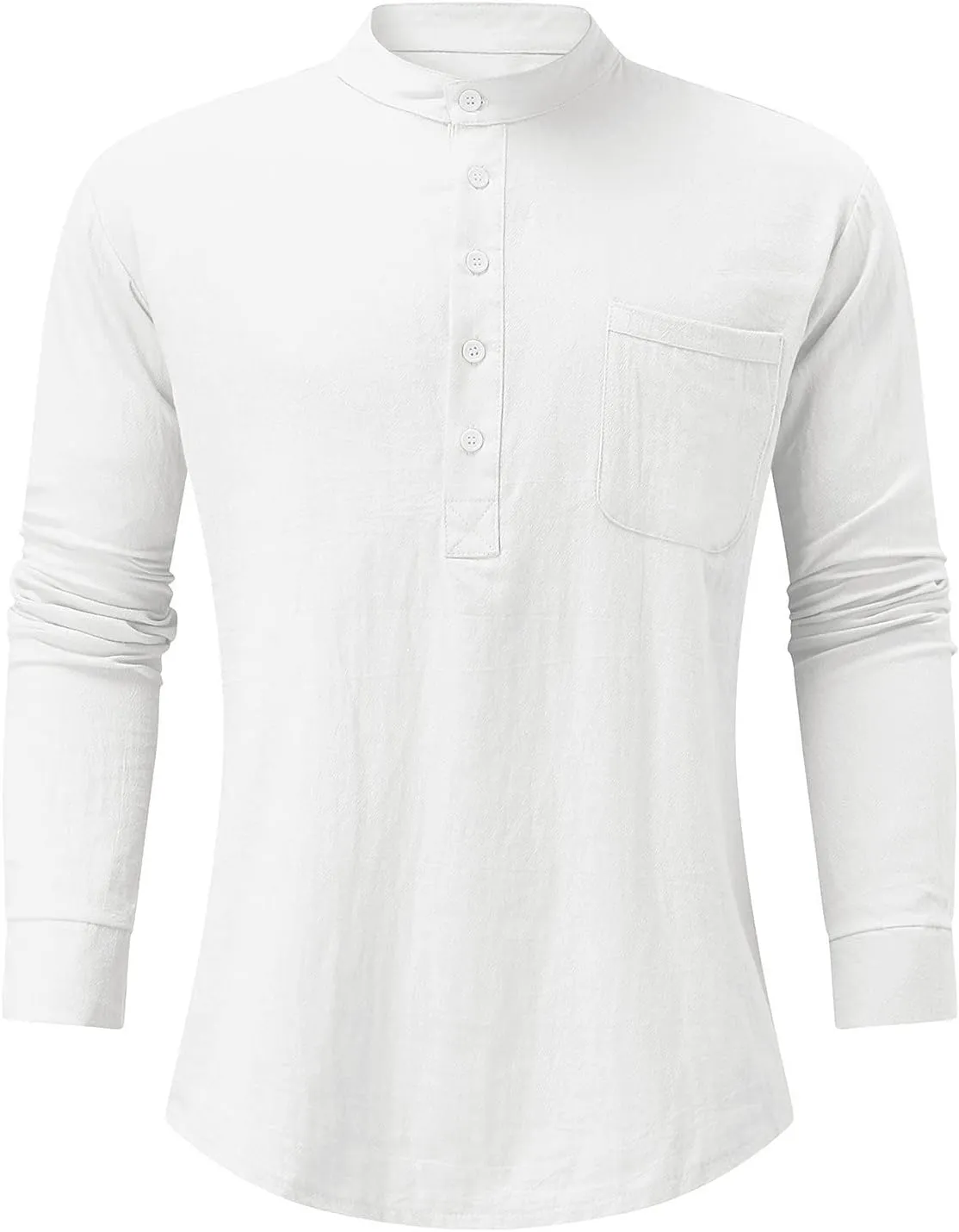 Ymosrh Long Sleeve Shirts Men's Casual Cotton Linen Solid Color Shirts Loose Stand Collar Shirts Dress for Men
