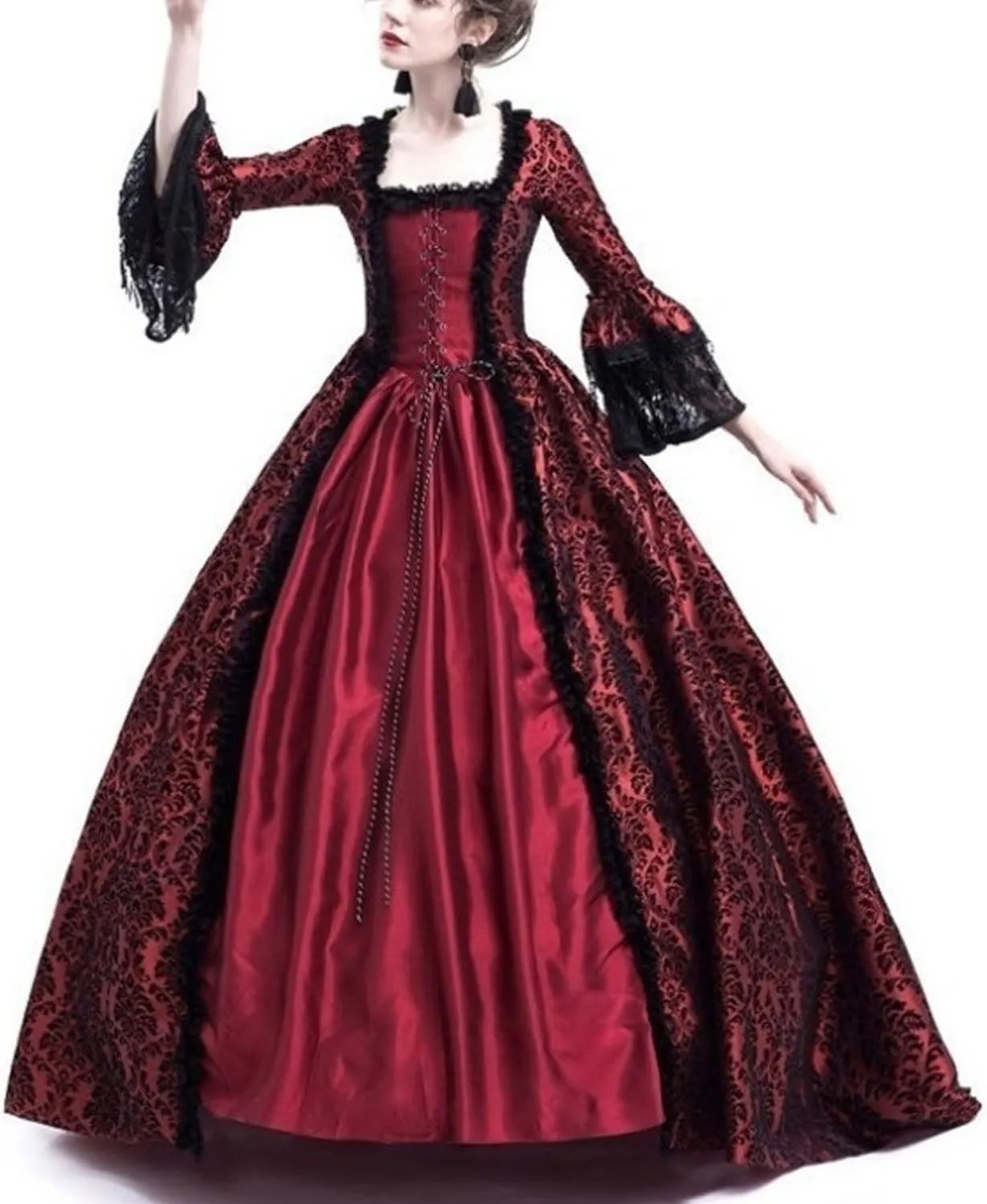 Yoolin A Line Neck Lace Patchwork Long Skirt with Large Trumpet Sleeves Medieval High-Waisted Dress Court Retro