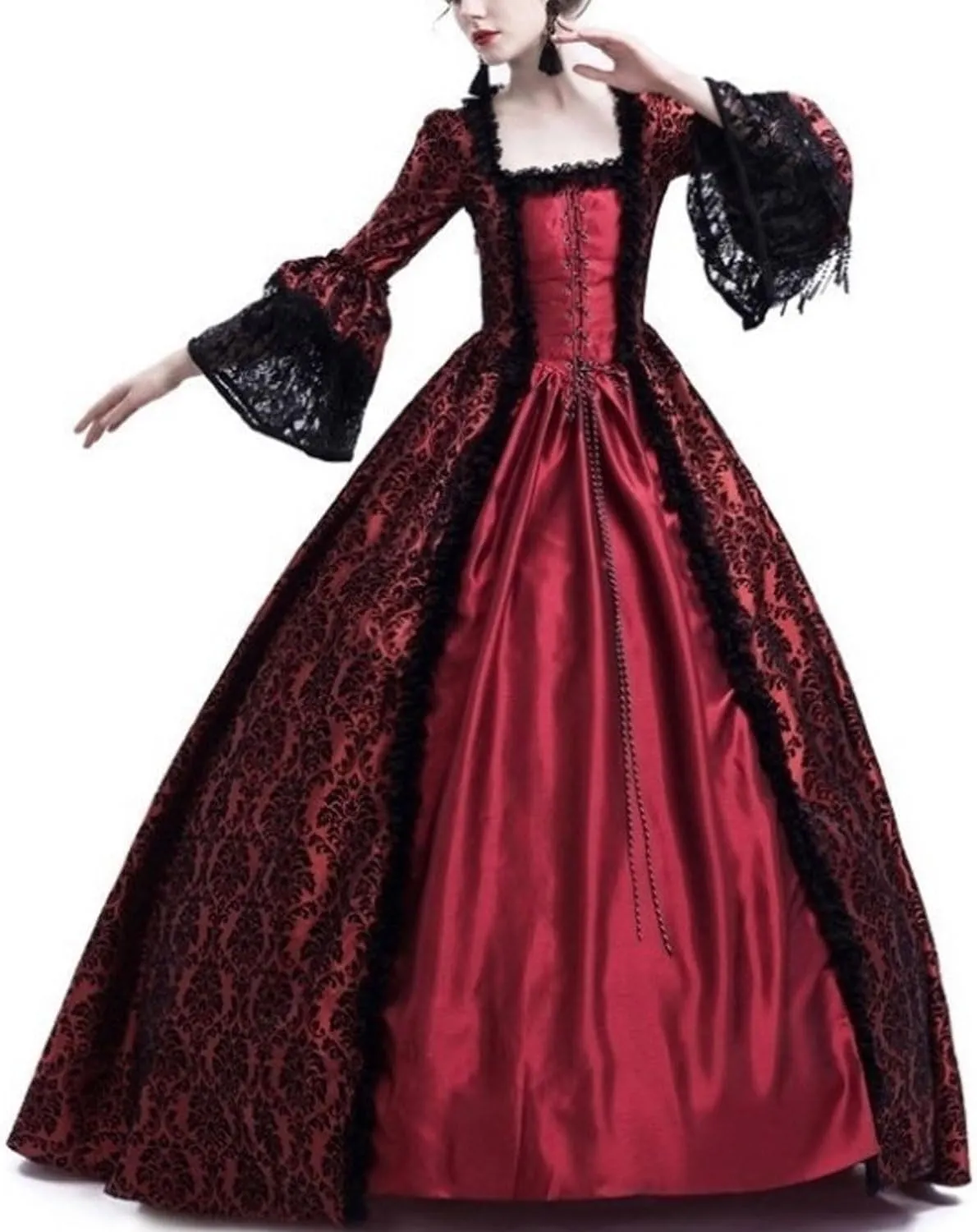 Yoolin A Line Neck Lace Patchwork Long Skirt with Large Trumpet Sleeves Medieval High-Waisted Dress Court Retro
