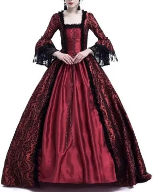 Yoolin A Line Neck Lace Patchwork Long Skirt with Large Trumpet Sleeves Medieval High-Waisted Dress Court Retro