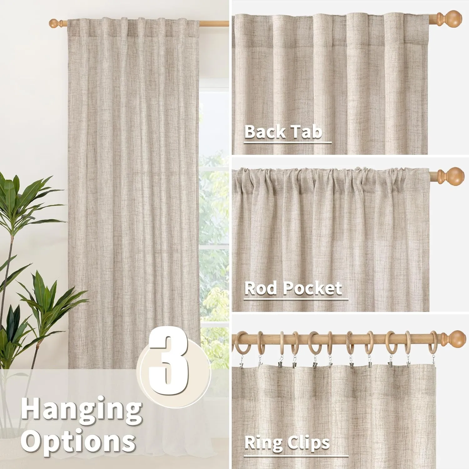 YoungsTex Natural Linen Curtains 72 Inch Length 2 Panels for Living Room - Semi Sheer Drapes Light Filtering with Rod Pocket Beige Window Treatments for Bedroom Dining Rustic Back Tab, 52 X 72 Inch