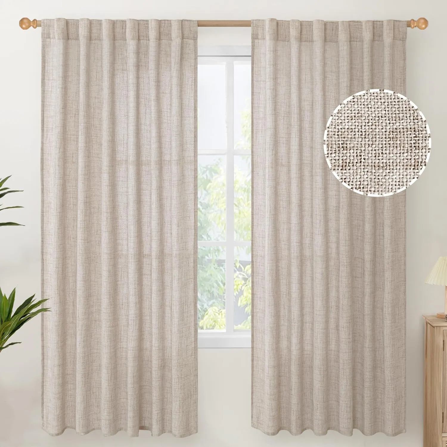 YoungsTex Natural Linen Curtains 72 Inch Length 2 Panels for Living Room - Semi Sheer Drapes Light Filtering with Rod Pocket Beige Window Treatments for Bedroom Dining Rustic Back Tab, 52 X 72 Inch