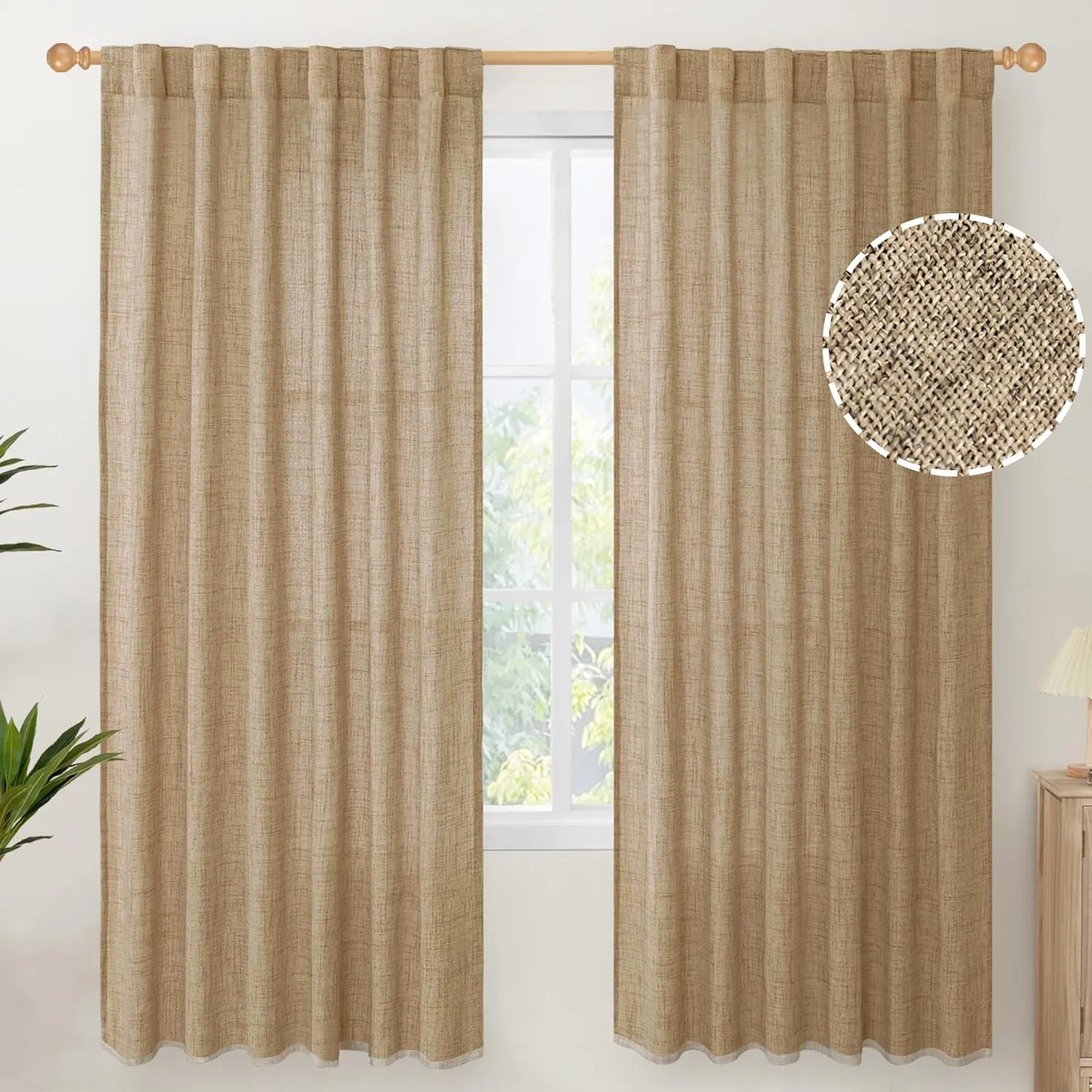 YoungsTex Toffee Linen Curtains 72 Inch Length for Farmhouse Rod Pocket Burlap Textured Window Drapes for Living Room Bedroom Dining Room Light Filtering, 2 Panel, 52 X 72 Inch