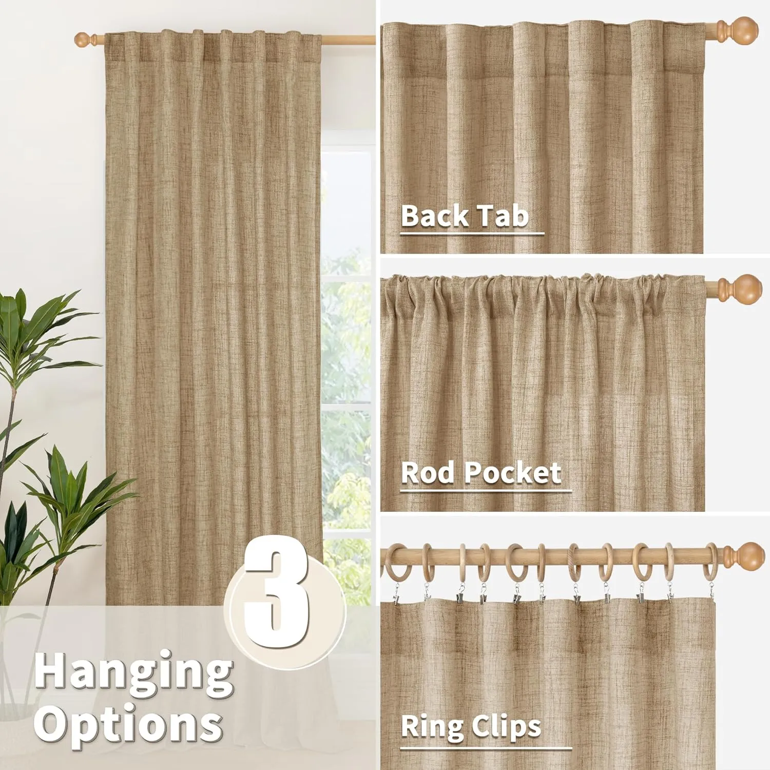 YoungsTex Toffee Linen Curtains 72 Inch Length for Farmhouse Rod Pocket Burlap Textured Window Drapes for Living Room Bedroom Dining Room Light Filtering, 2 Panel, 52 X 72 Inch
