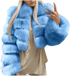 YRAETENM Womens Faux Fur Coat Trendy Zip Up Cropped Bubble Coats Long Sleeve Fleece Warm Short Winter Coats With Fuzzy Hoode