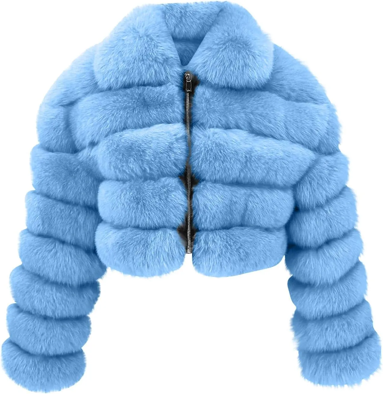 YRAETENM Womens Faux Fur Coat Trendy Zip Up Cropped Bubble Coats Long Sleeve Fleece Warm Short Winter Coats With Fuzzy Hoode