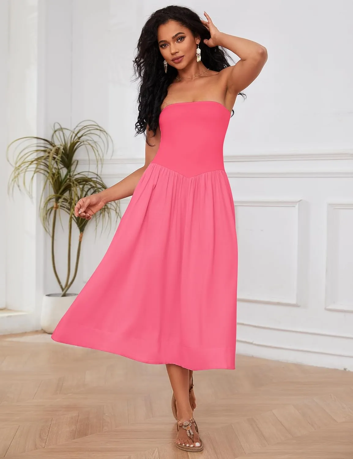 Ythomm Women Strapless Maxi Dress Casual Patchwork Pleated Backless Flowy Long Dress Summer Solid Tube Dresses with Pocket