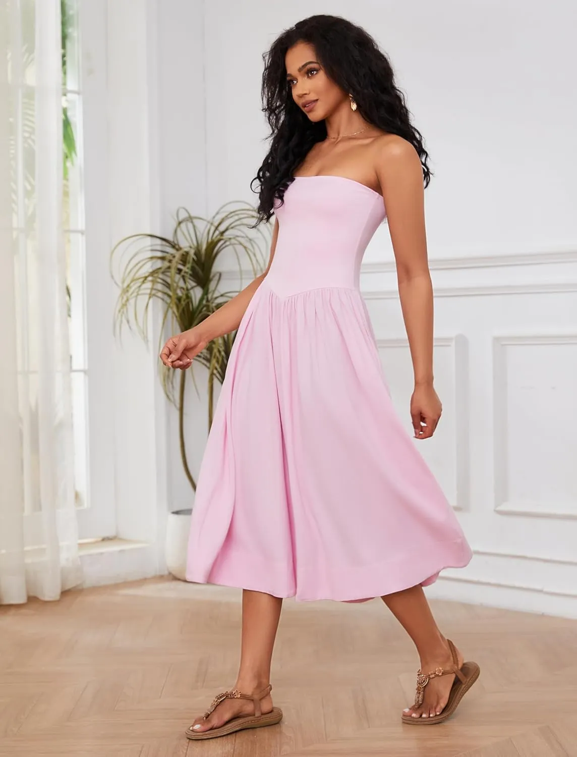 Ythomm Women Strapless Maxi Dress Casual Patchwork Pleated Backless Flowy Long Dress Summer Solid Tube Dresses with Pocket