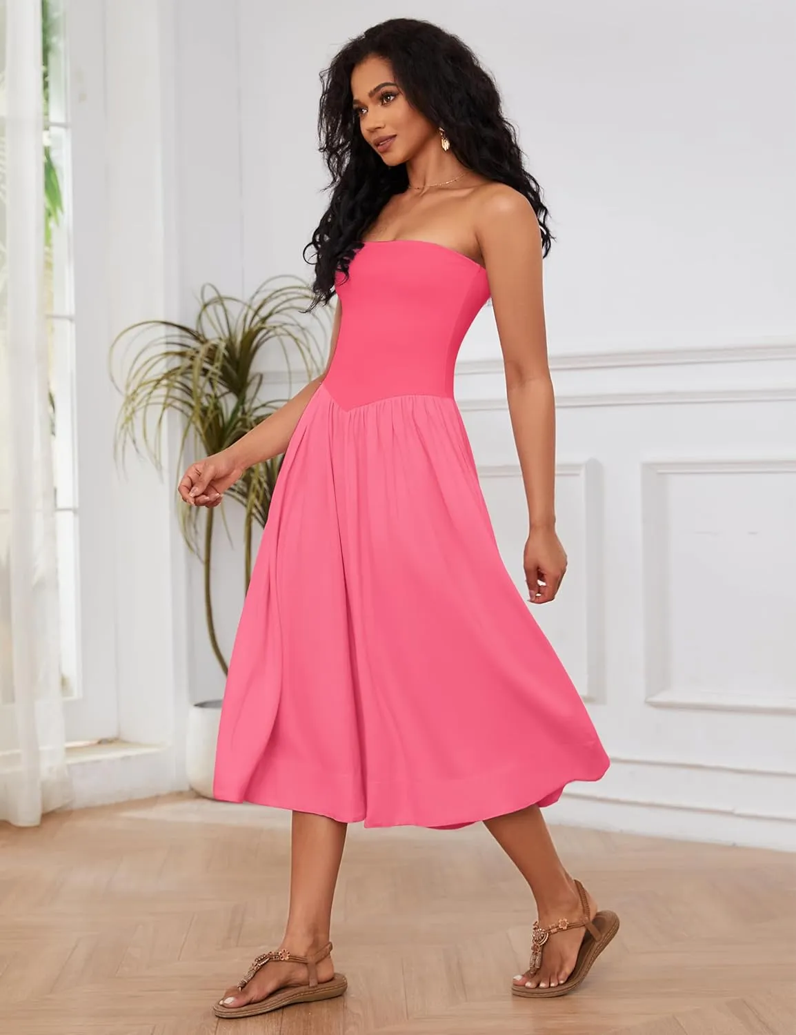 Ythomm Women Strapless Maxi Dress Casual Patchwork Pleated Backless Flowy Long Dress Summer Solid Tube Dresses with Pocket