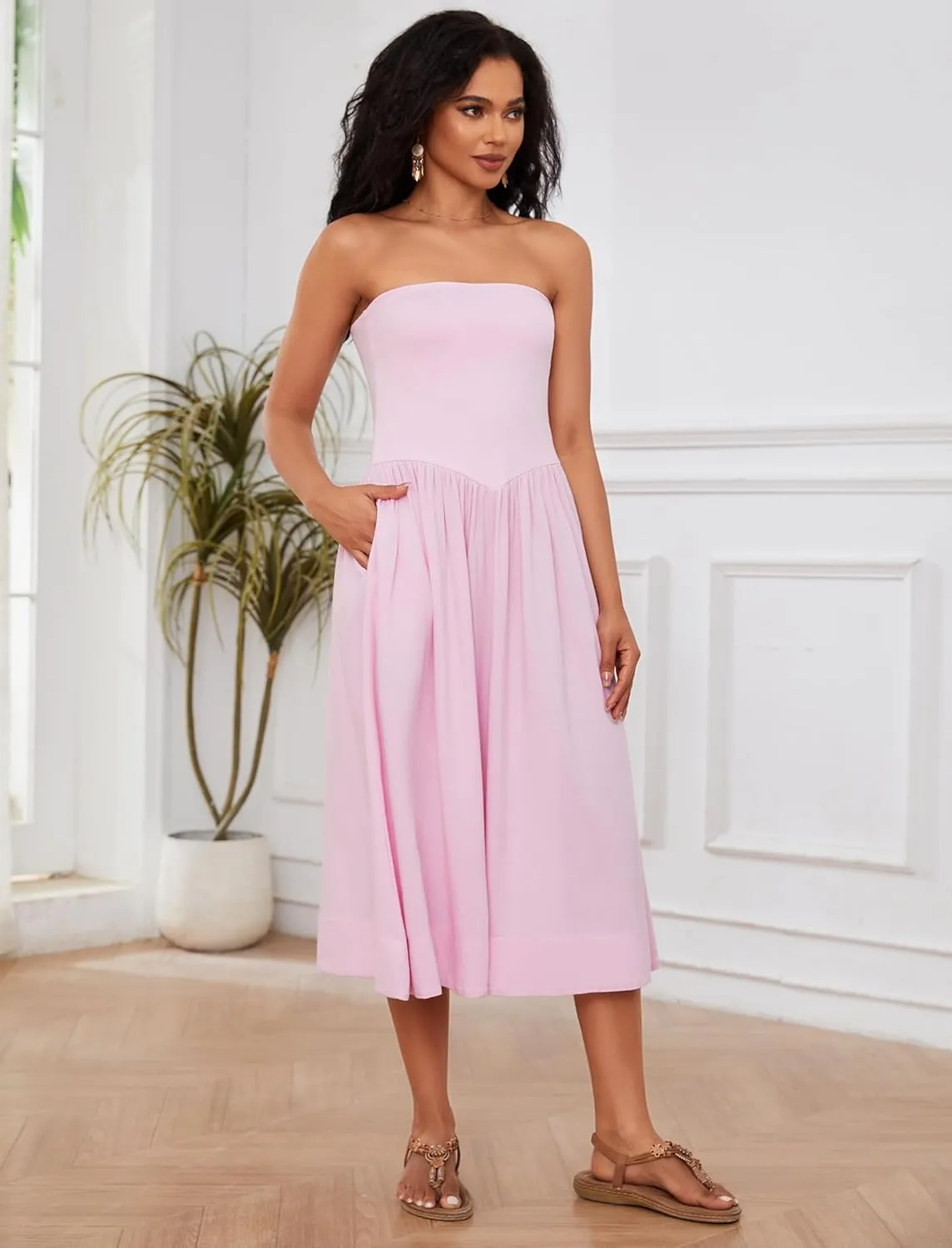 Ythomm Women Strapless Maxi Dress Casual Patchwork Pleated Backless Flowy Long Dress Summer Solid Tube Dresses with Pocket