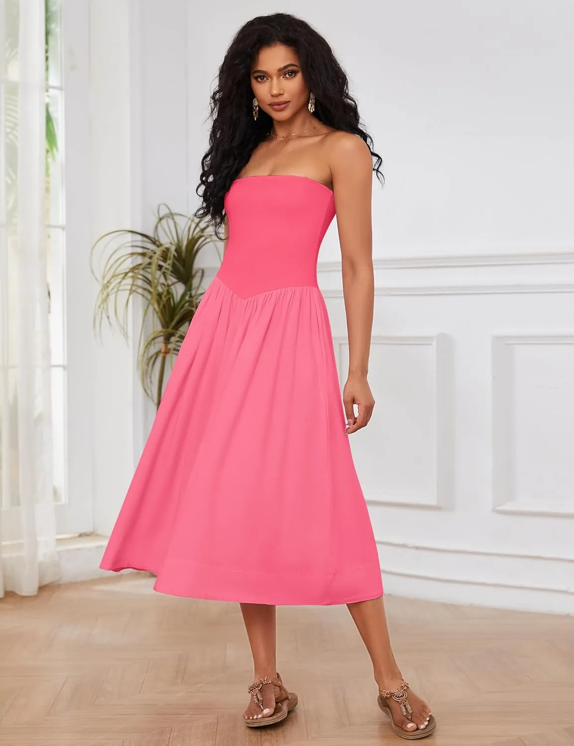 Ythomm Women Strapless Maxi Dress Casual Patchwork Pleated Backless Flowy Long Dress Summer Solid Tube Dresses with Pocket
