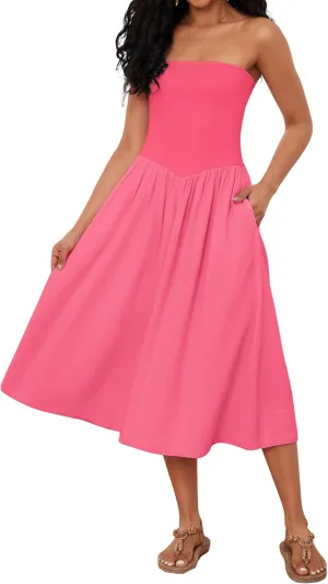 Ythomm Women Strapless Maxi Dress Casual Patchwork Pleated Backless Flowy Long Dress Summer Solid Tube Dresses with Pocket